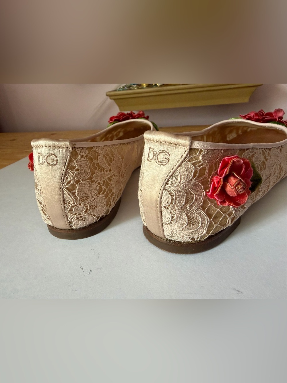Dolce & Gabbana Beige Lace Ballet Flats with Pink Trim and Red Floral Appliqué - Picture 11 of 17